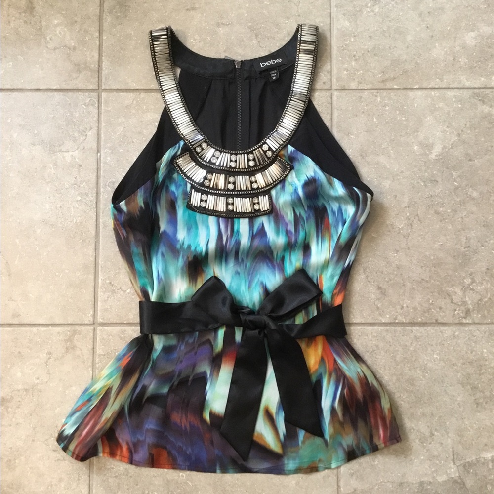 Bebe Beaded Turquoise Black Silk Top Blouse XS